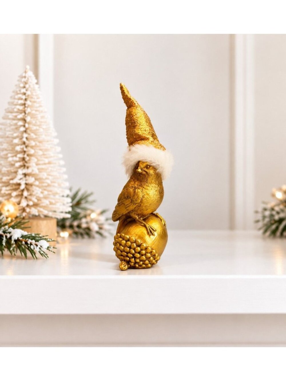 Vintage Gold Owl on Acorn Christmas Figurine Pointed Hat Fur Trim 4"